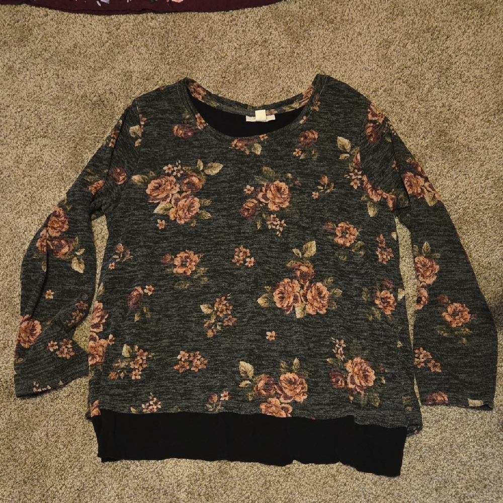 Style & Co. Black and Pink Crew Neck Sweater with Floral Design